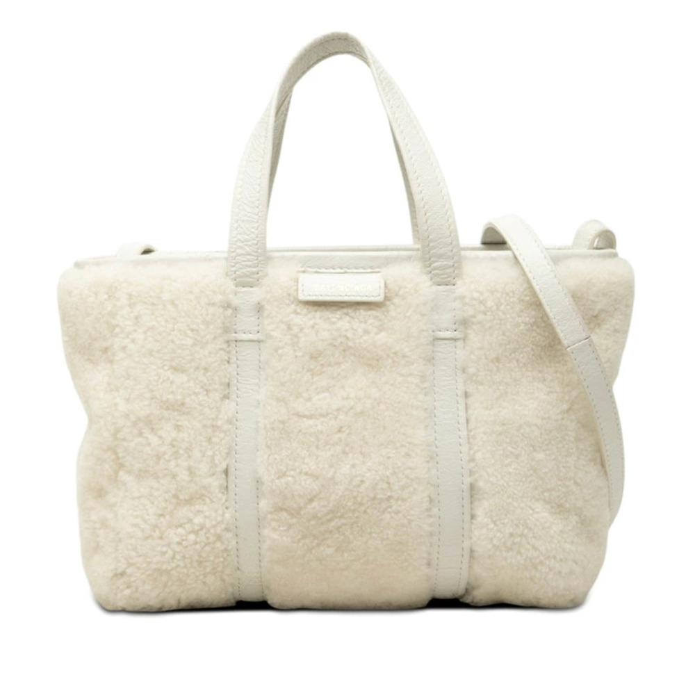 Balenciaga Barbes Handbag Tote Bag Shoulder White Shearling Leather